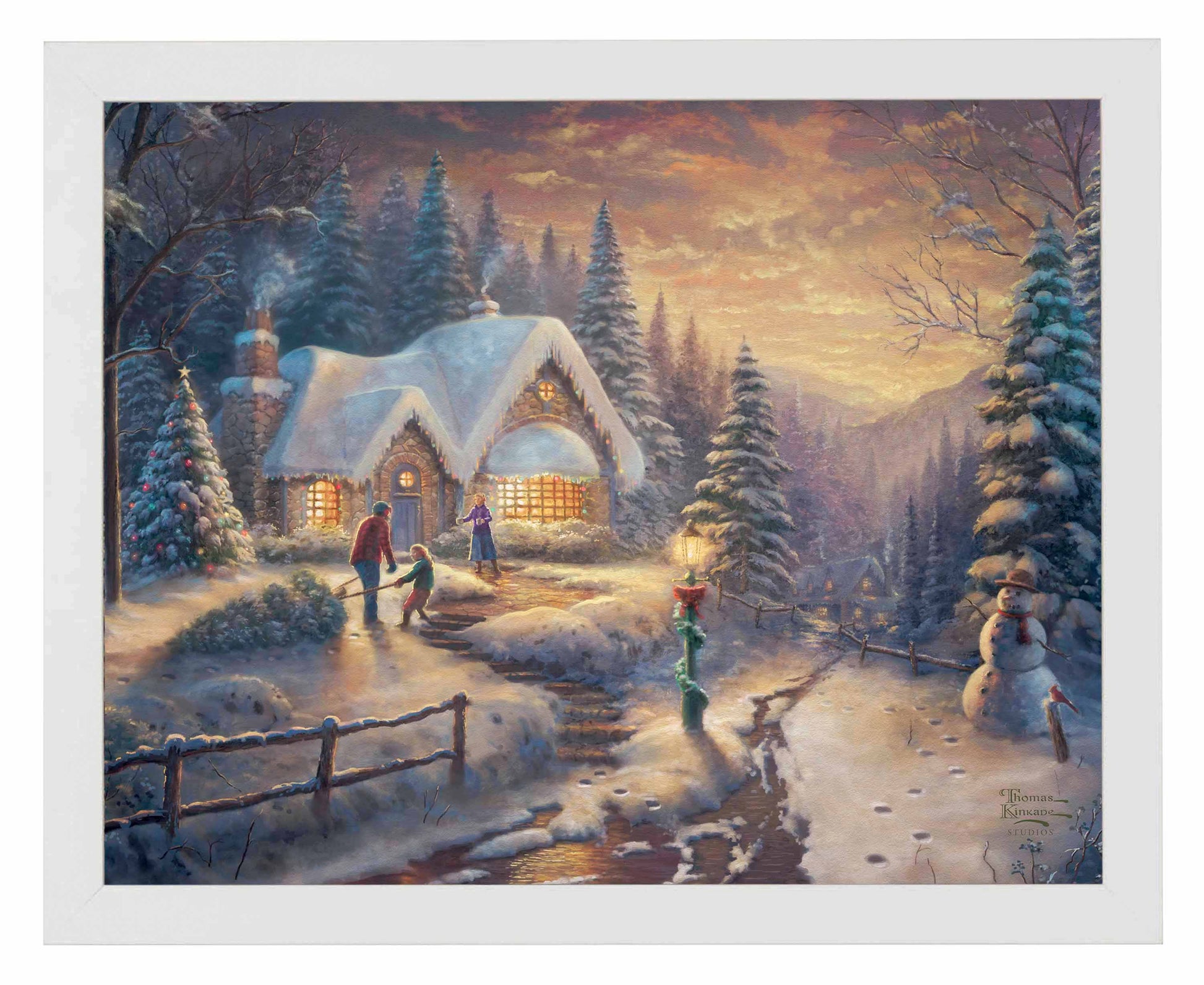 Framed painting of country Christmas cottage with trees and people playing around