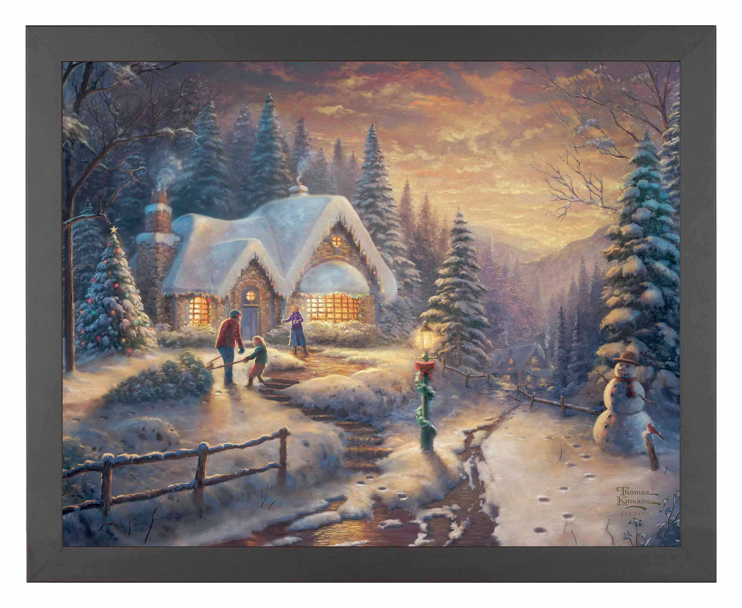 Framed painting of country Christmas cottage with trees and people playing around