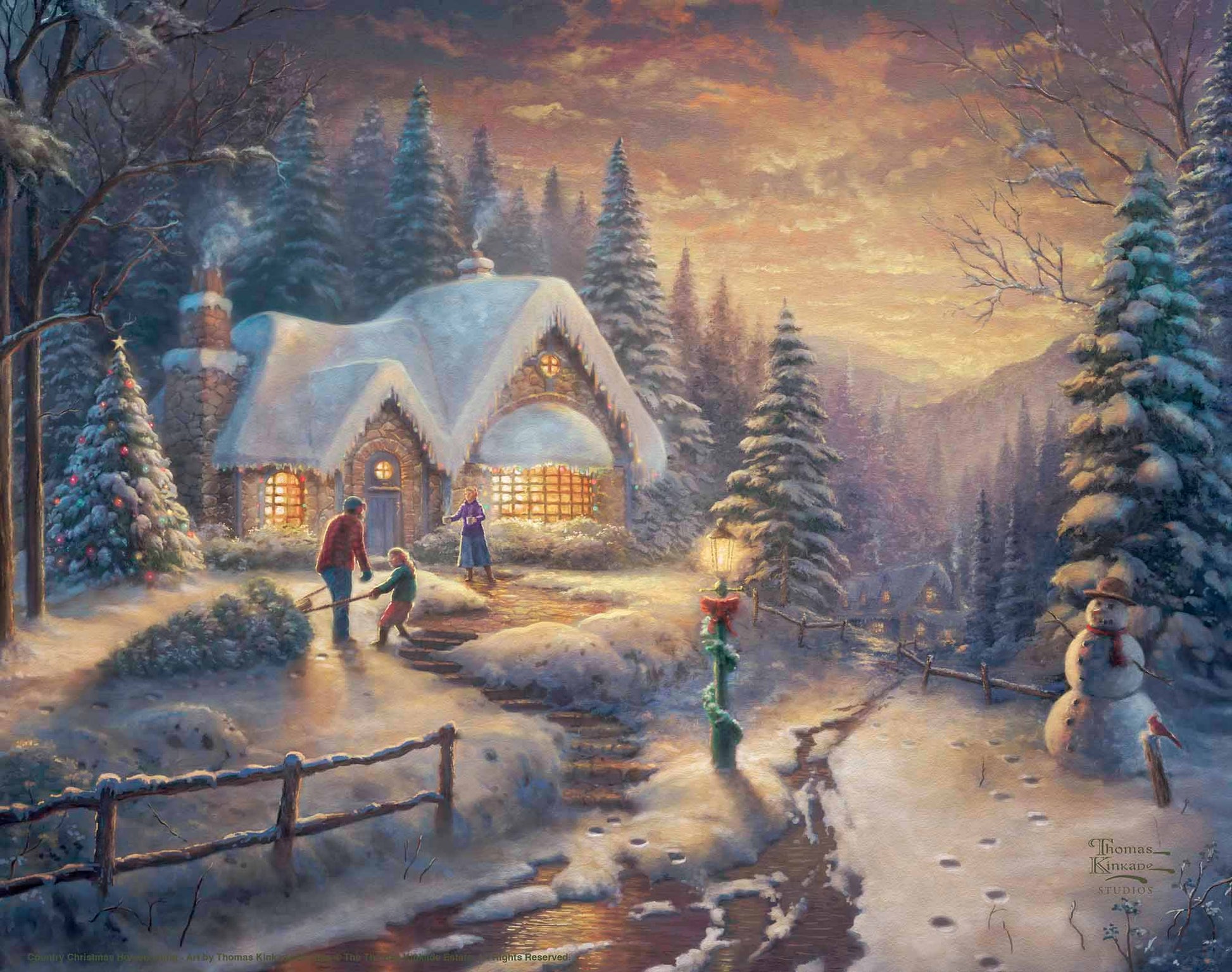 Painting of country Christmas cottage with trees and people playing around