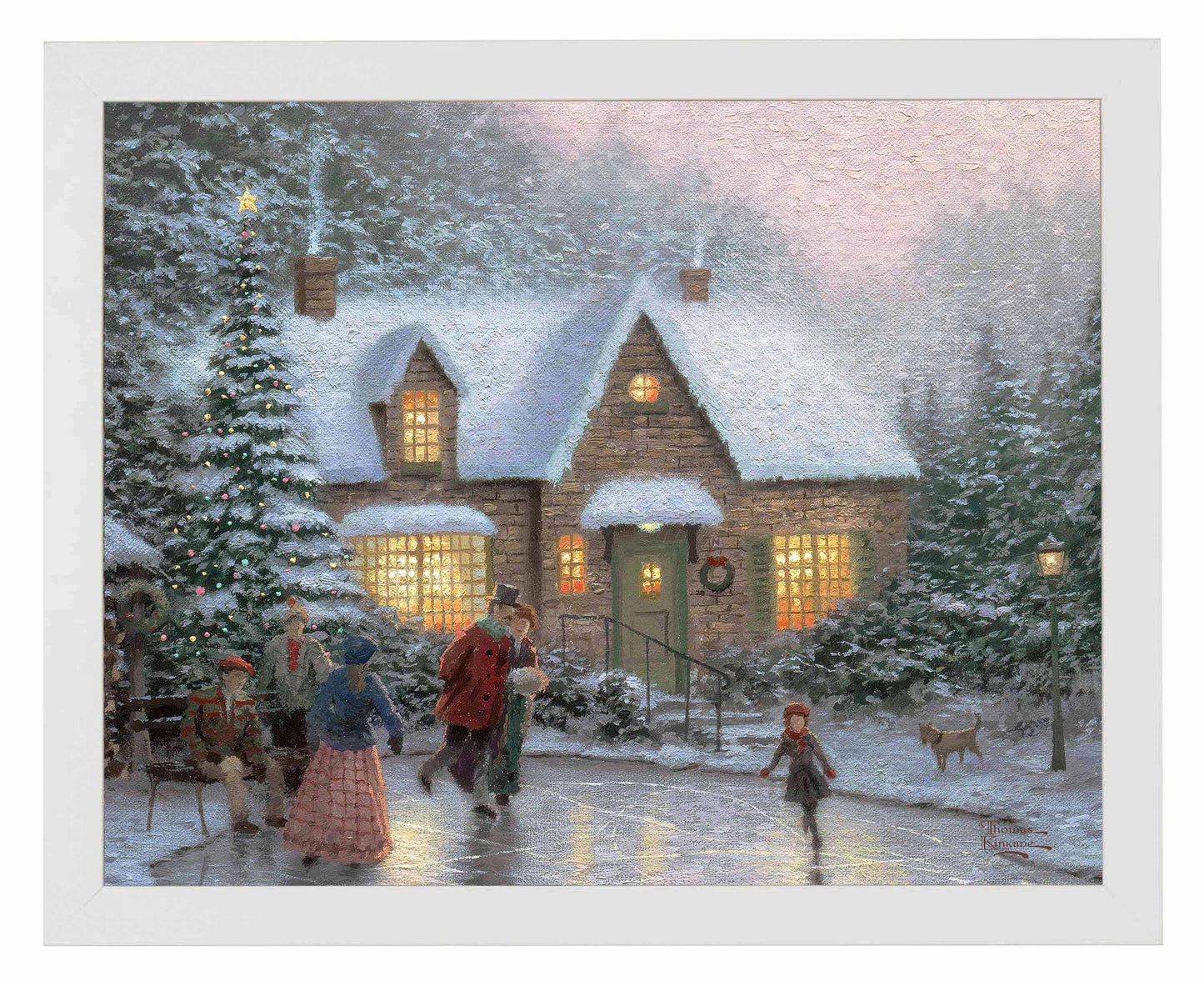 Framed painting of a Christmas house and trees with people playing in front
