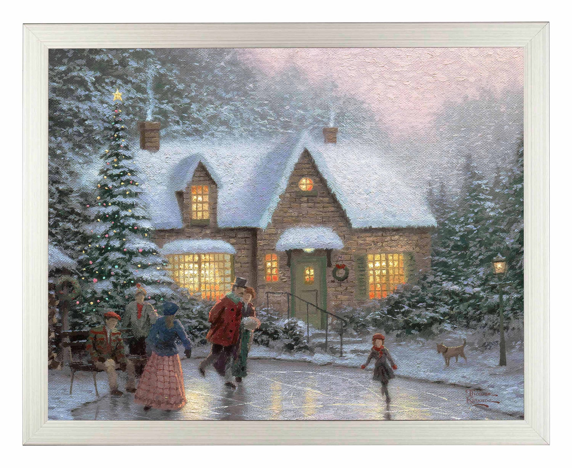 Framed painting of a Christmas house and trees with people playing in front