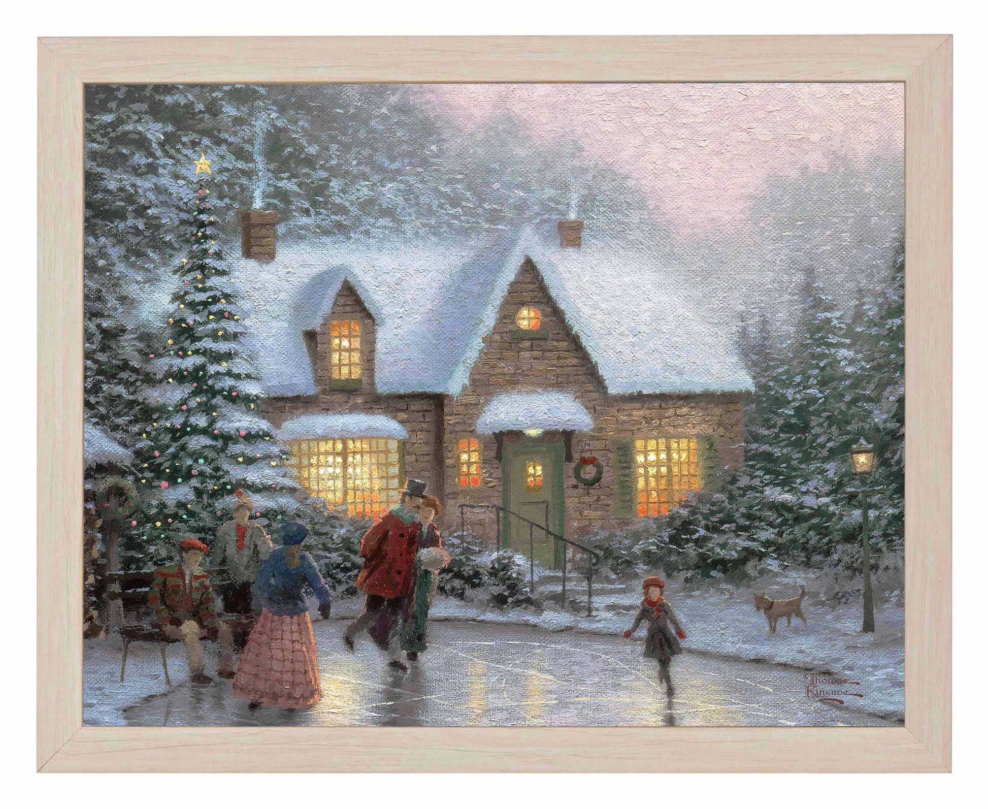 Framed painting of a Christmas house and trees with people playing in front