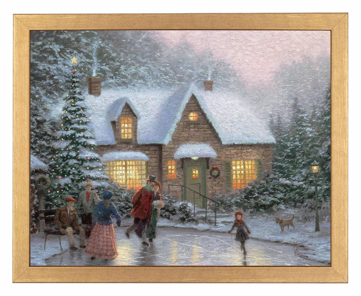 Framed painting of a Christmas house and trees with people playing in front