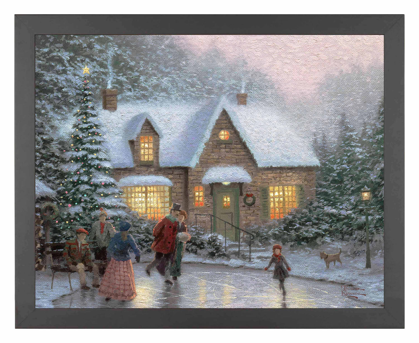 Framed painting of a Christmas house and trees with people playing in front