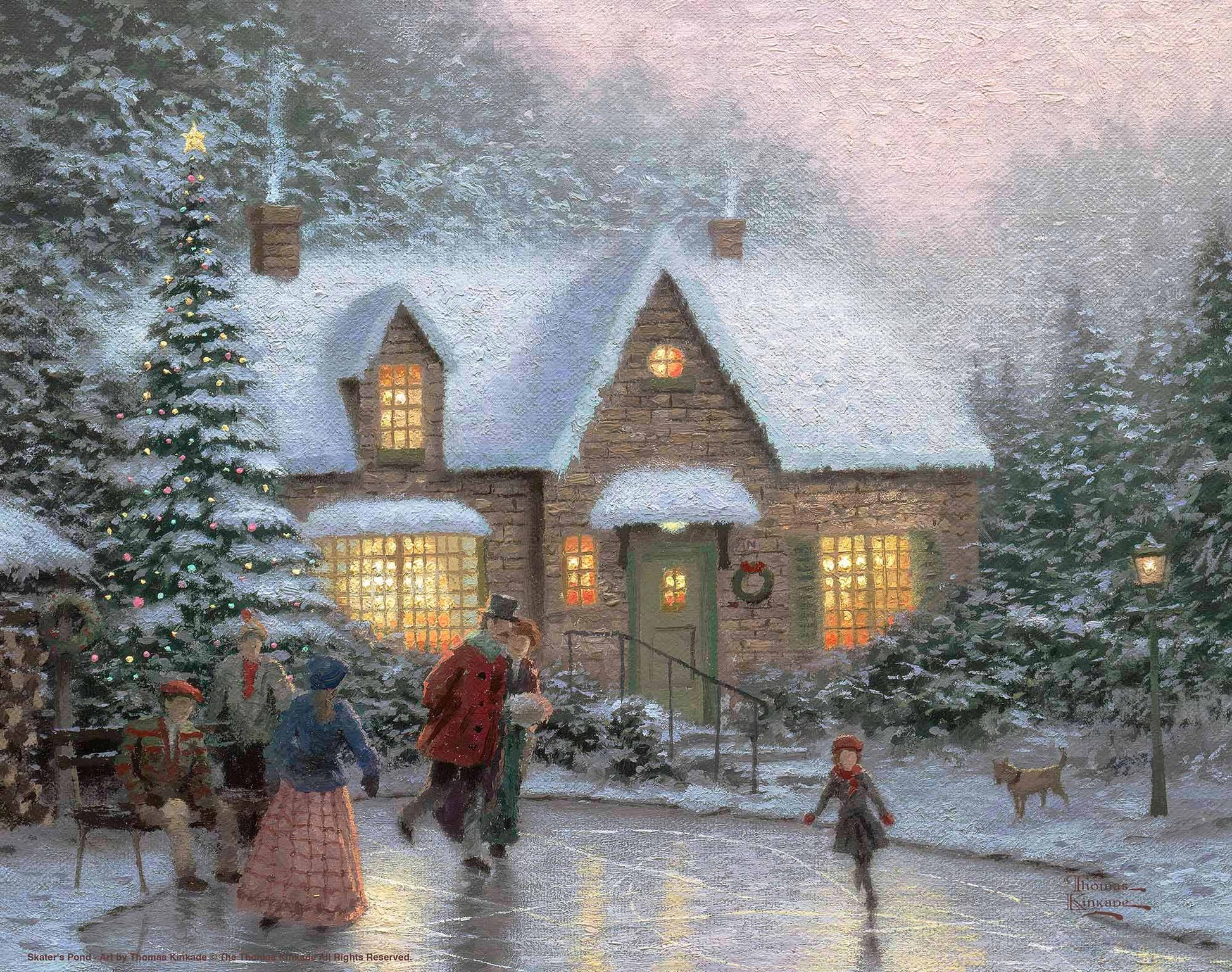 Painting of a Christmas house and trees with people playing in front