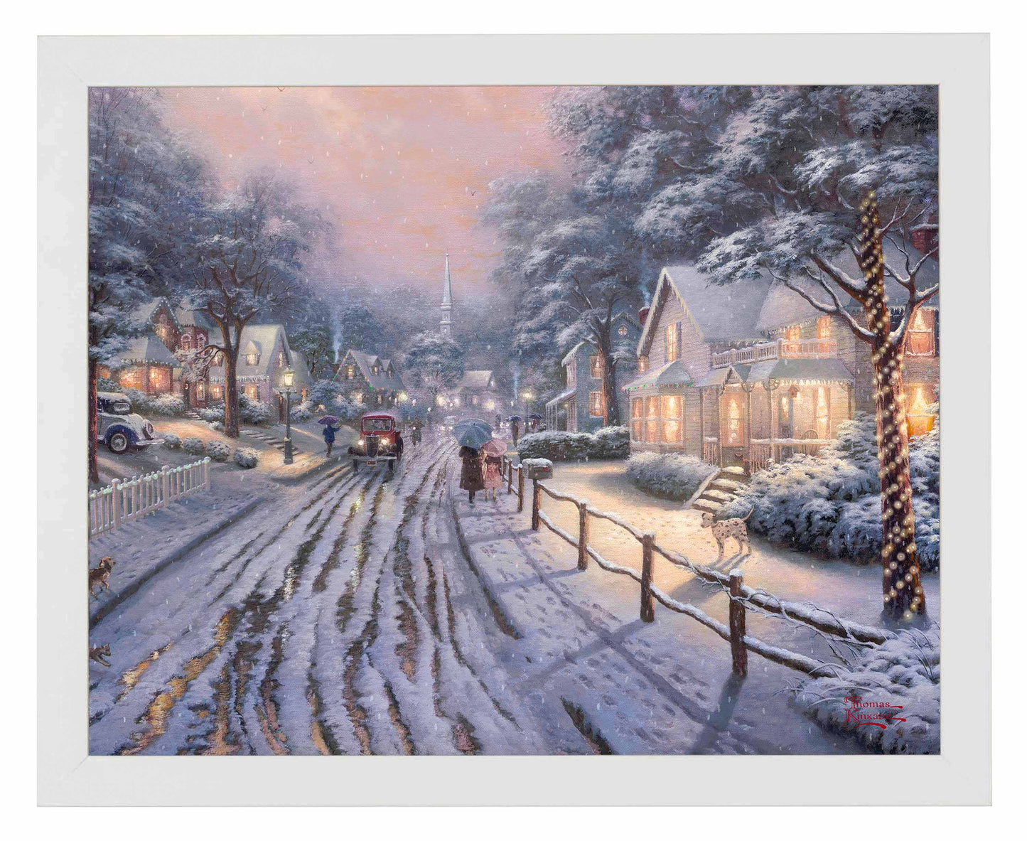 Framed painting of Christmas in the city with houses, trees and cars