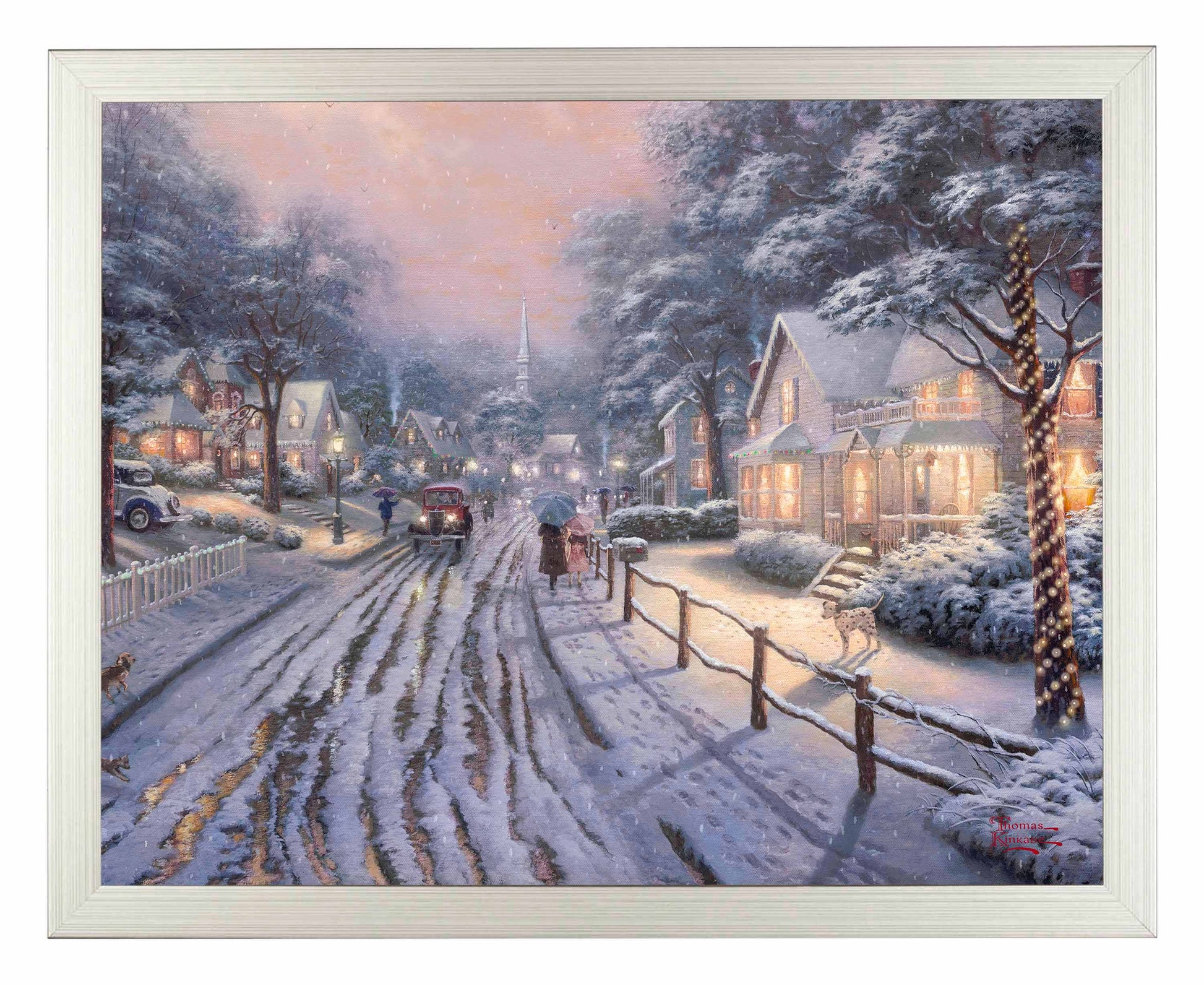 Framed painting of Christmas in the city with houses, trees and cars
