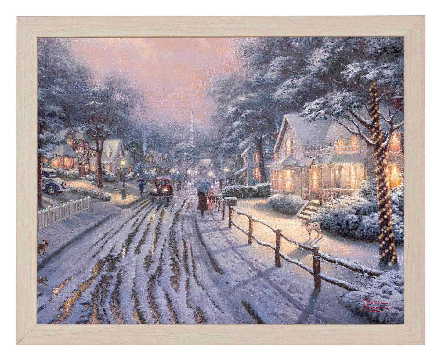 Framed painting of Christmas in the city with houses, trees and cars