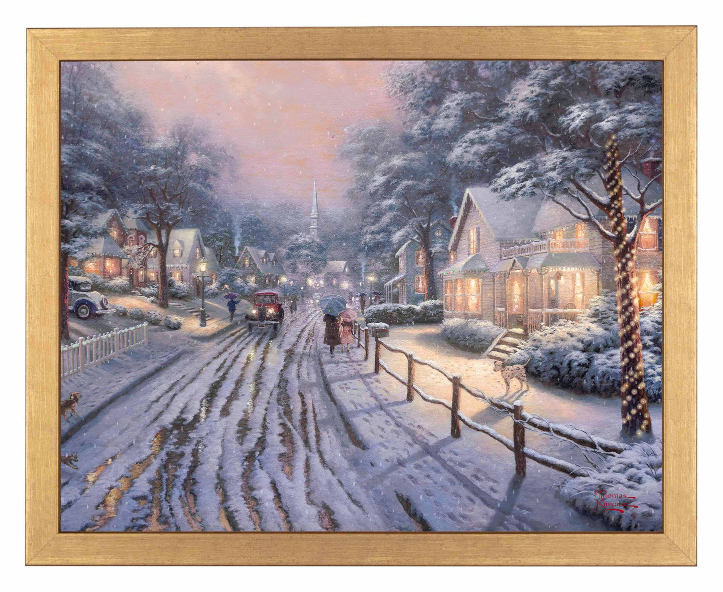 Framed painting of Christmas in the city with houses, trees and cars