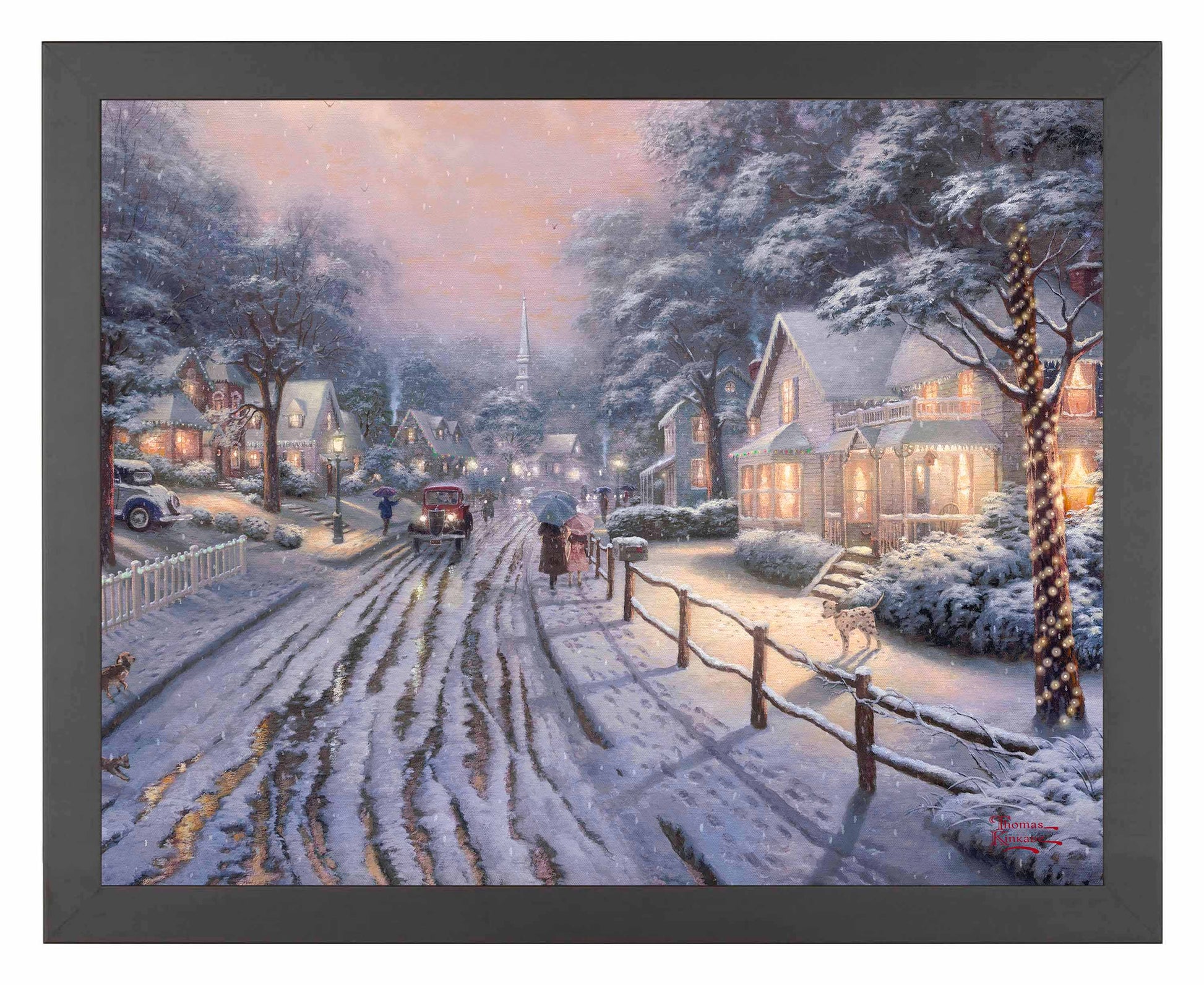 Framed painting of Christmas in the city with houses, trees and cars