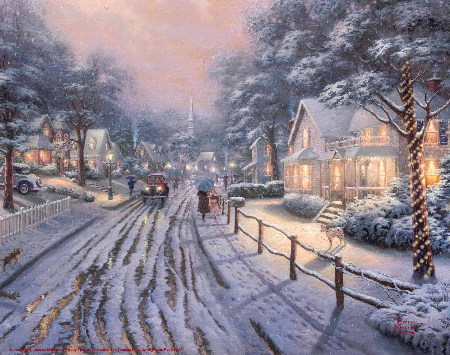 Painting of Christmas in the city with houses, trees and cars