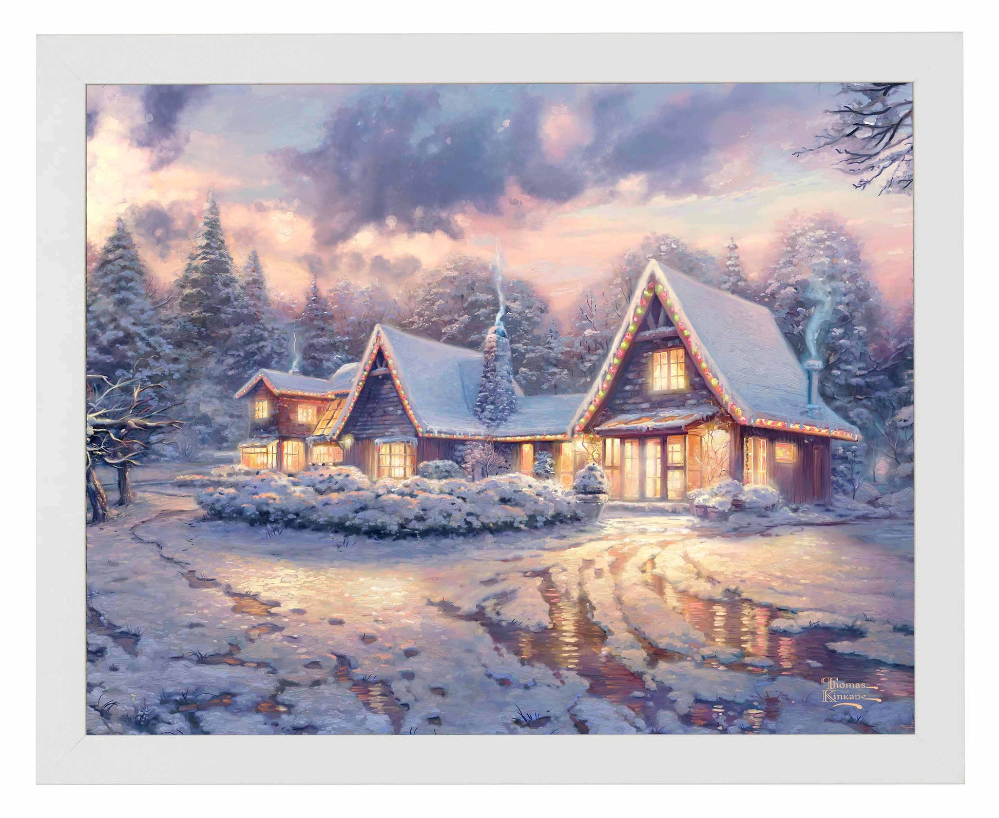 Framed painting of snowy Christmas lodge with trees around