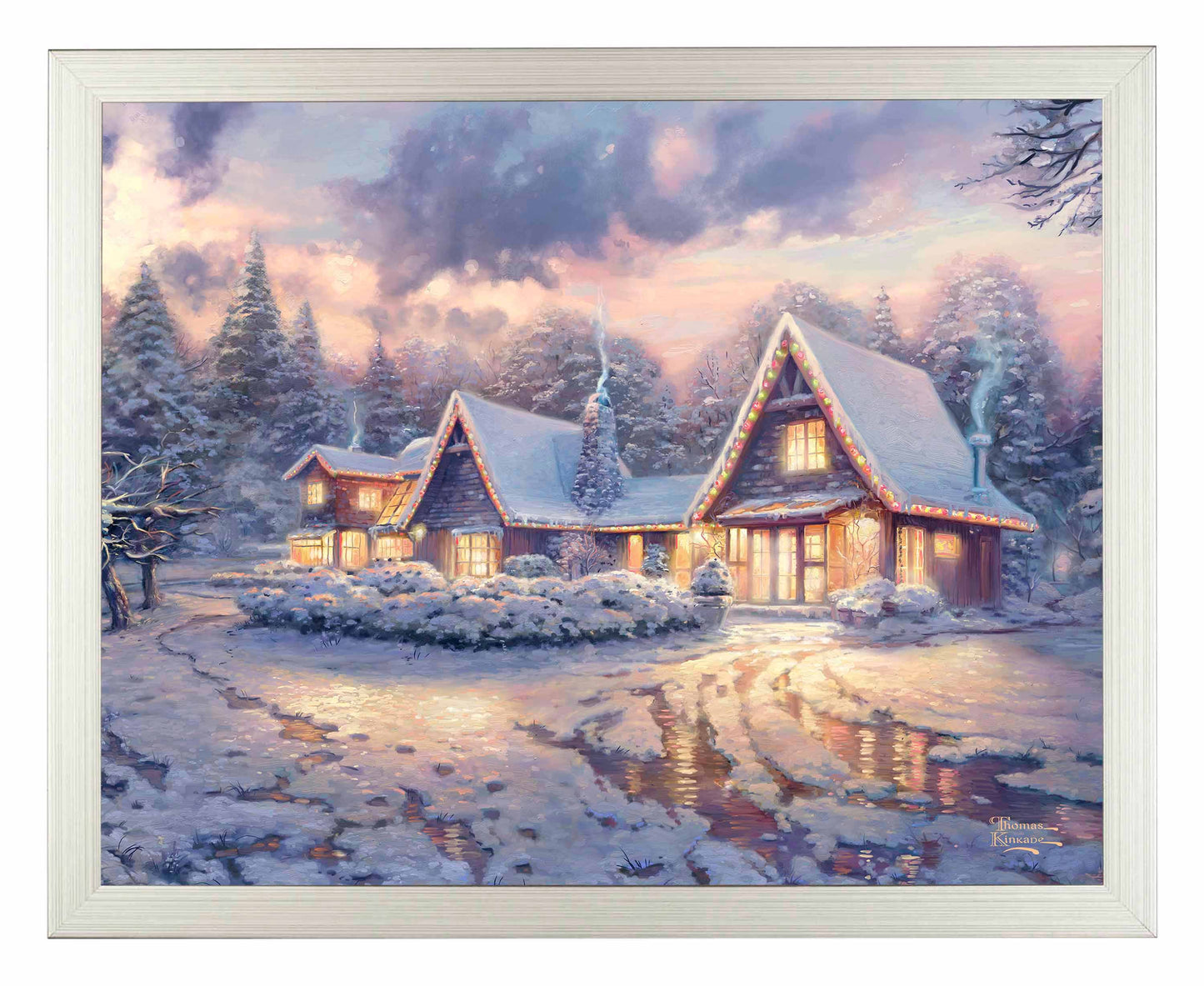 Framed painting of snowy Christmas lodge with trees around
