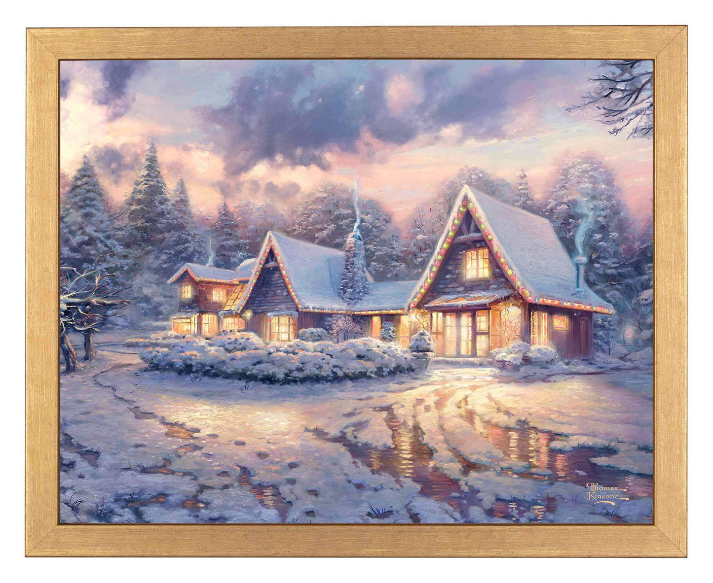 Framed painting of snowy Christmas lodge with trees around