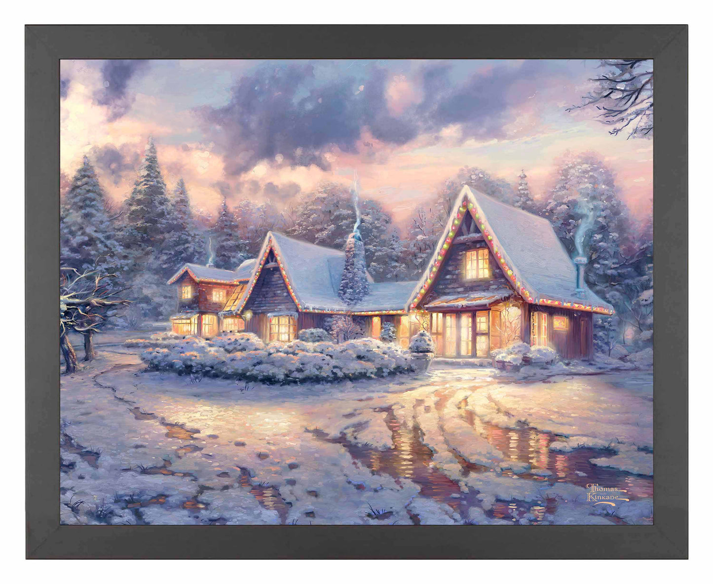 Framed painting of snowy Christmas lodge with trees around