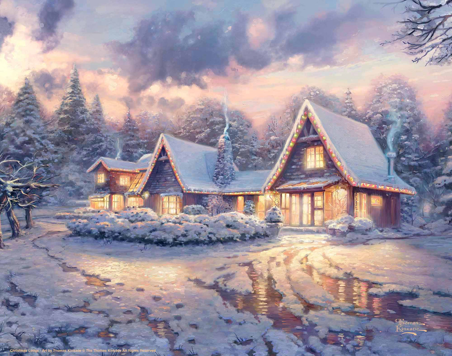 Painting of snowy Christmas lodge with trees around