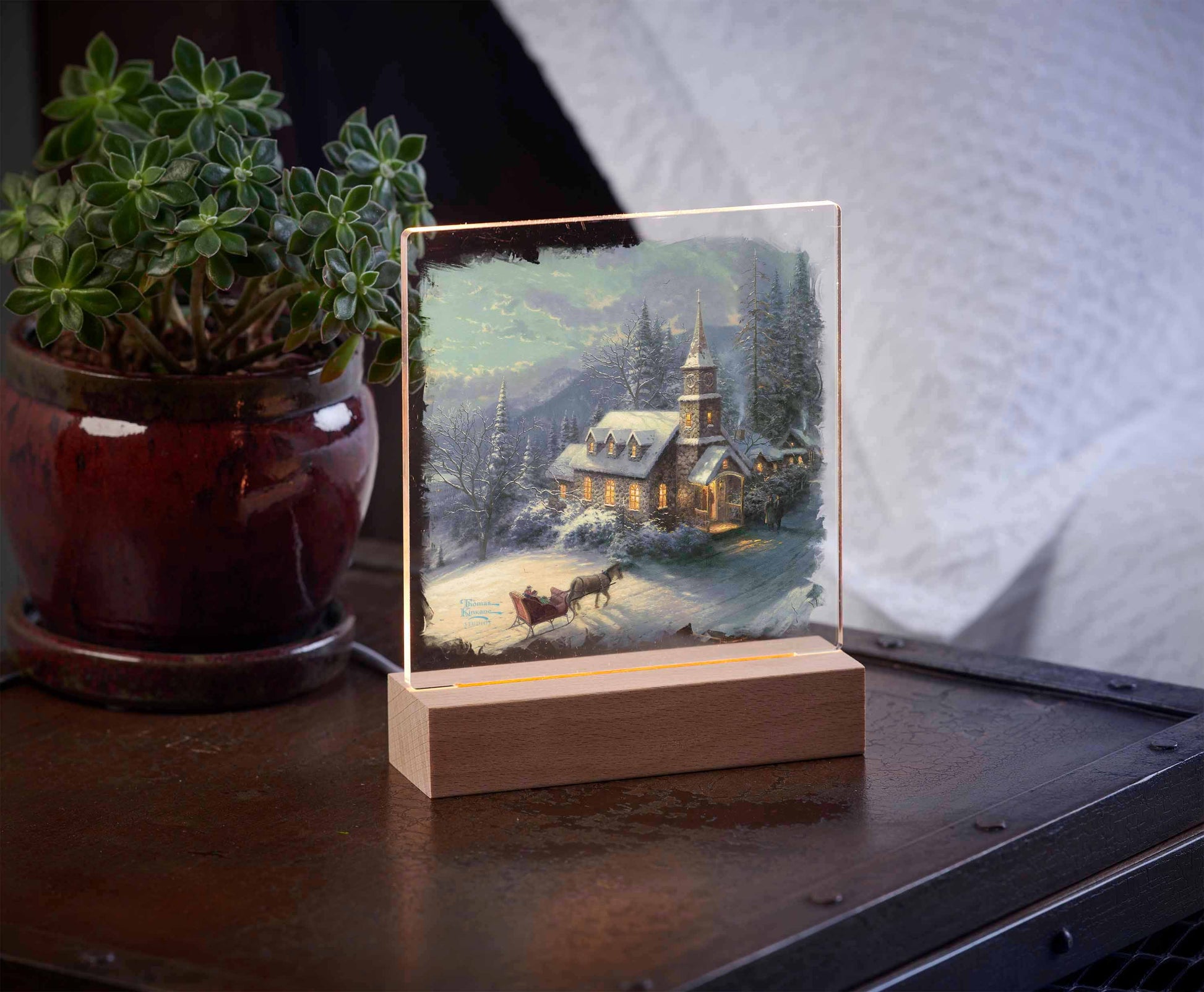 Acrylic night light of mountain and house by the river