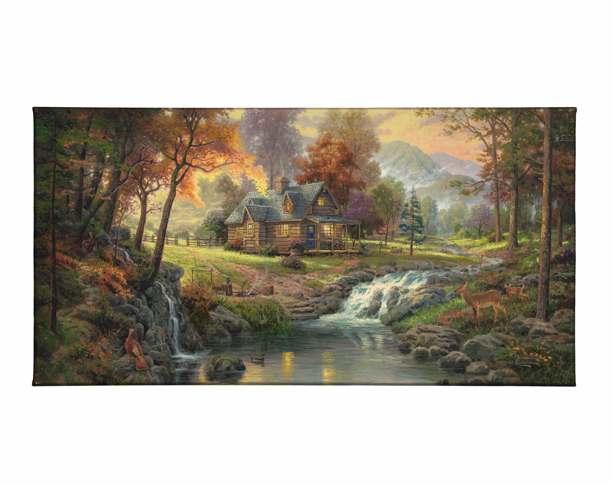 painting of mountain and house by the river