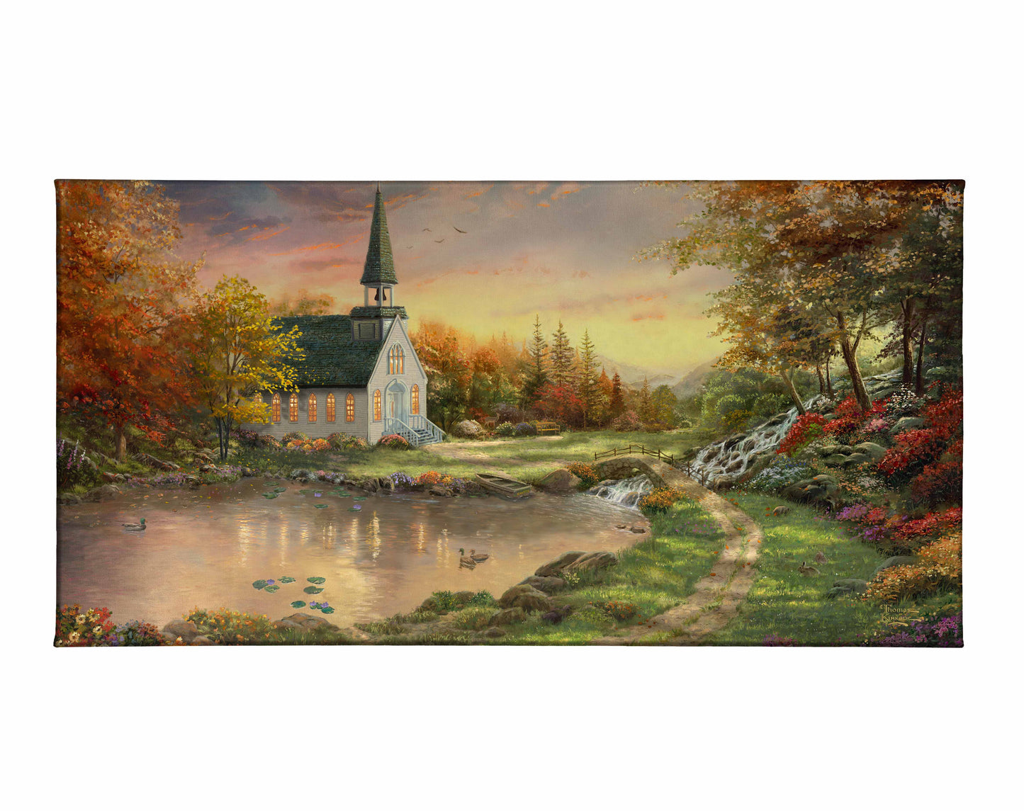 Painting of a chapel and trees by the lake