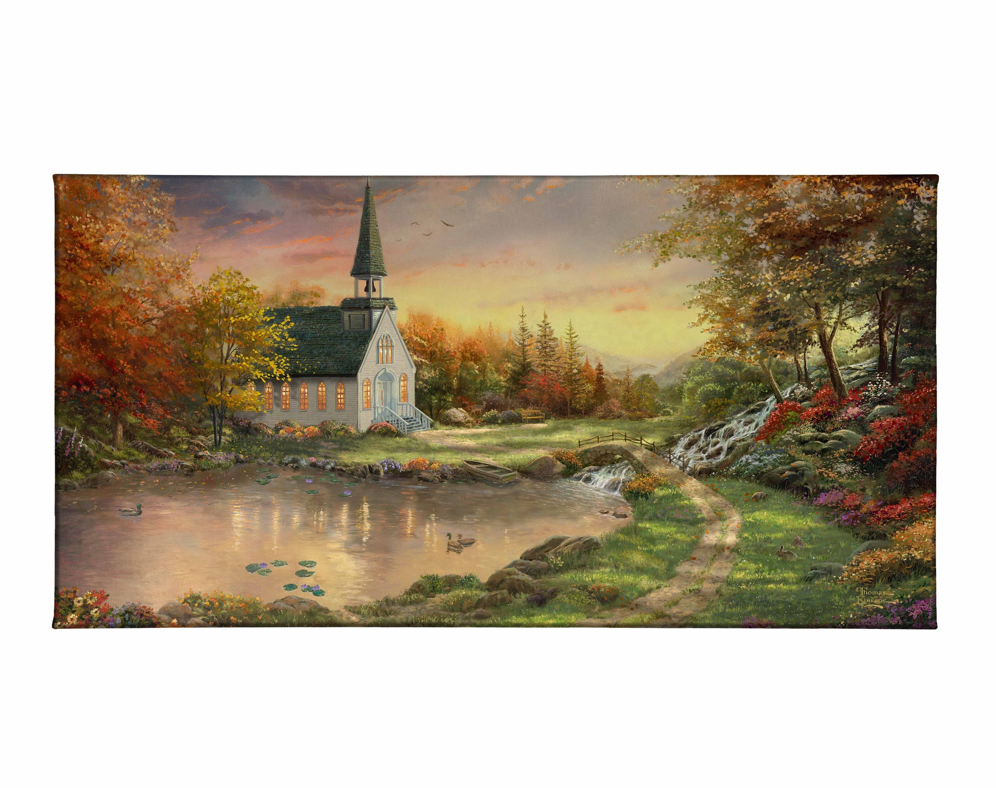 Painting of a chapel and trees by the lake