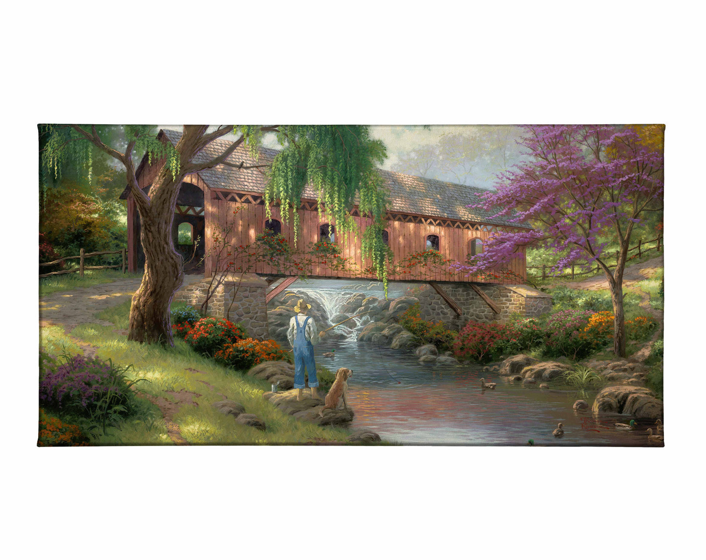 Painting of a house and trees by the river