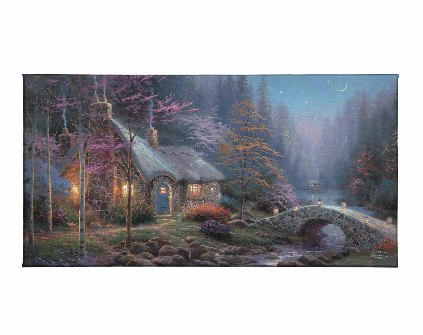 painting of a cottage and bridge by the river