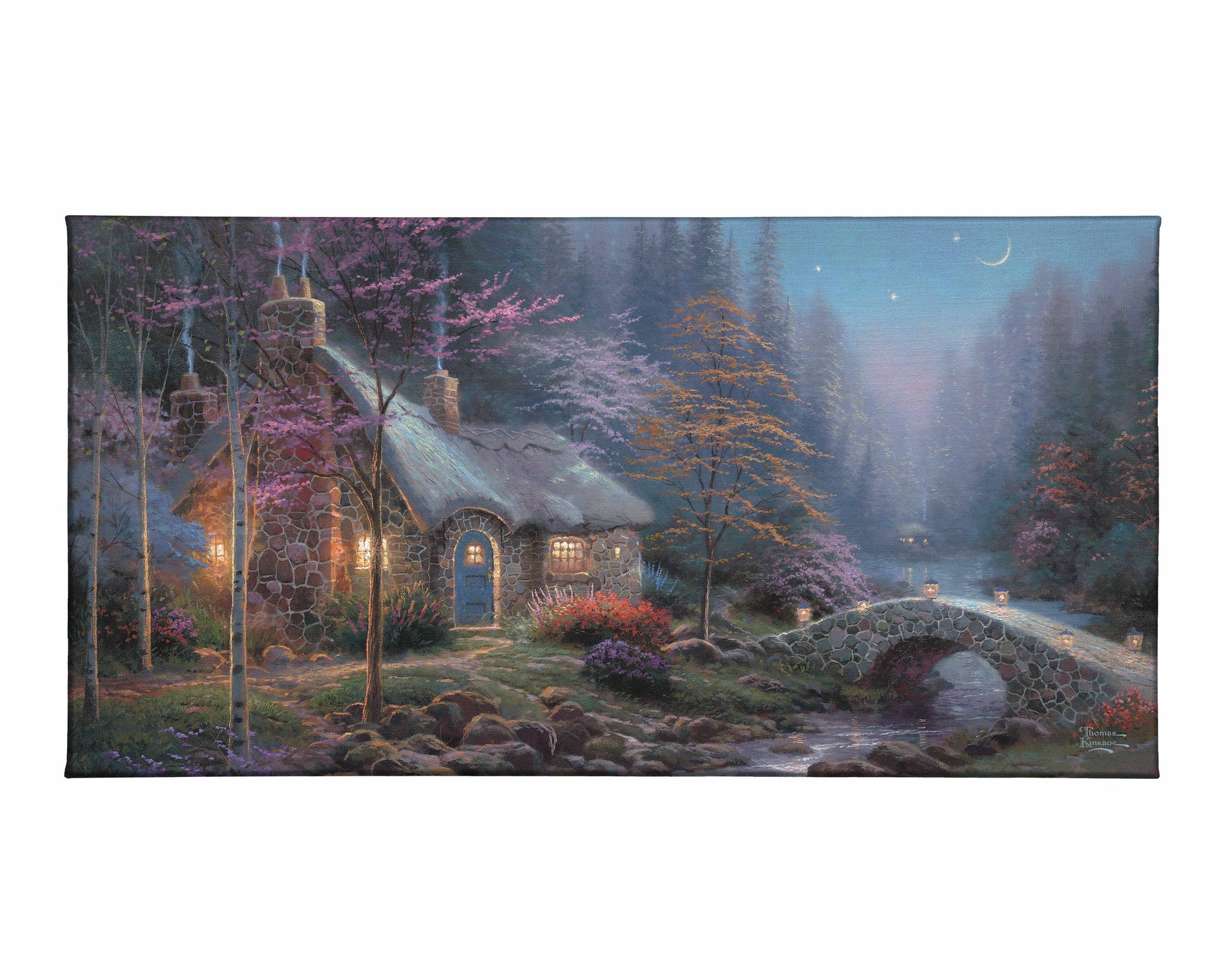 painting of a cottage and bridge by the river