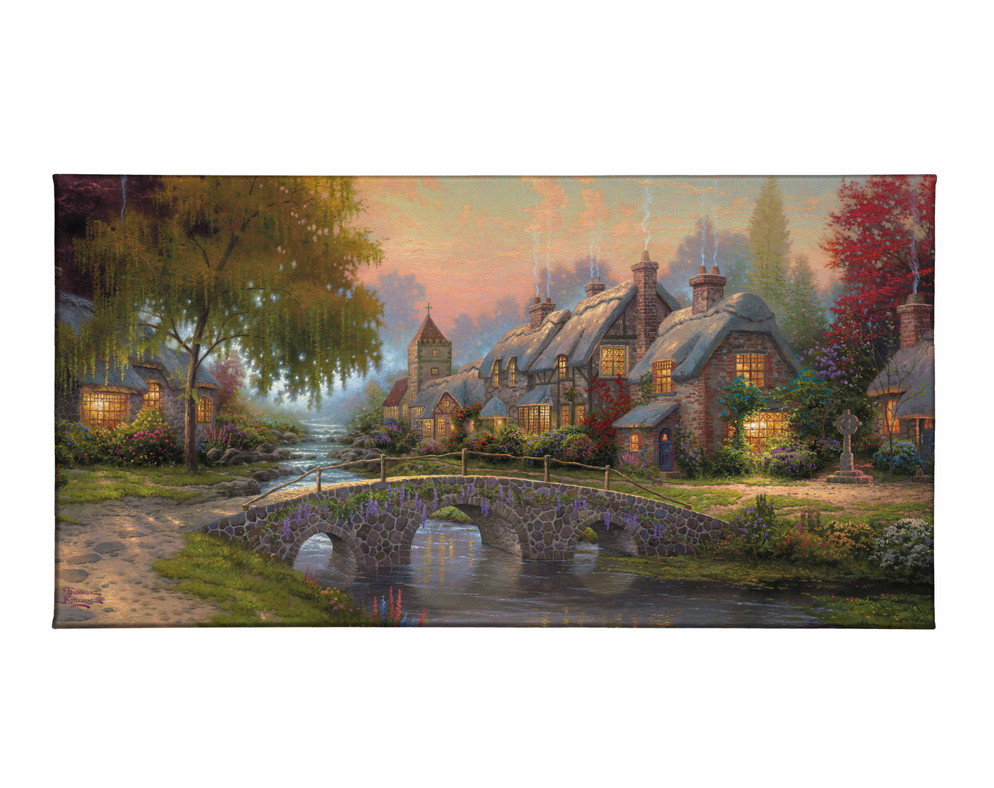Painting of a bridge and house by the river