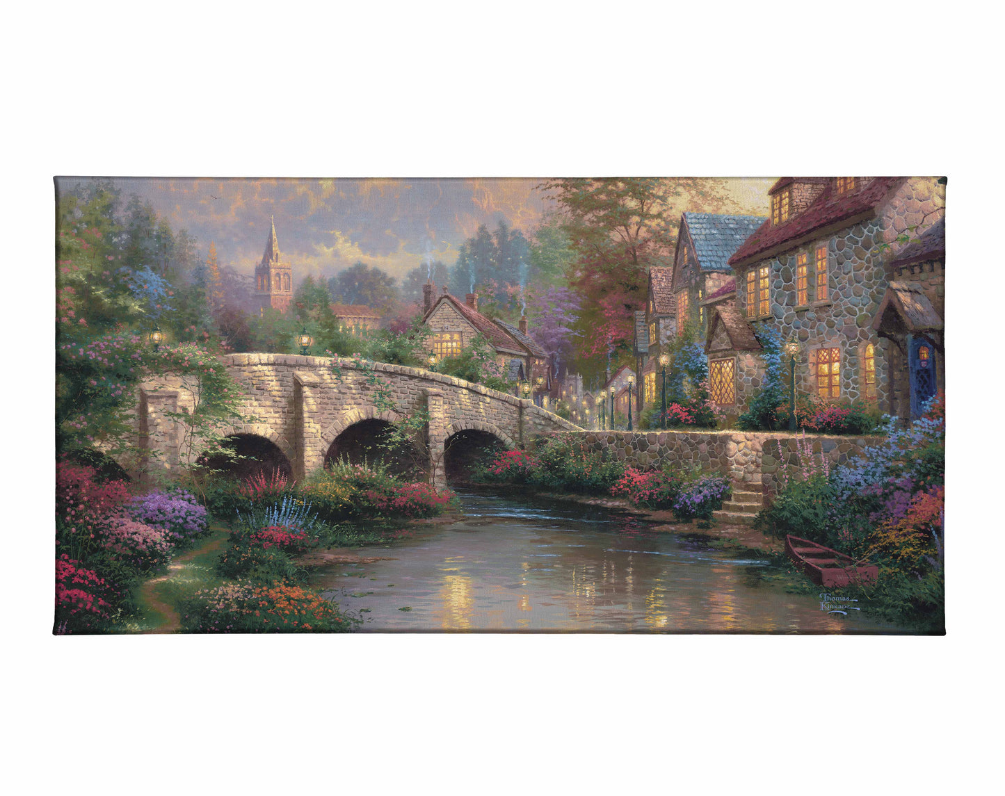 Painting of a bridge and houses with trees by the river