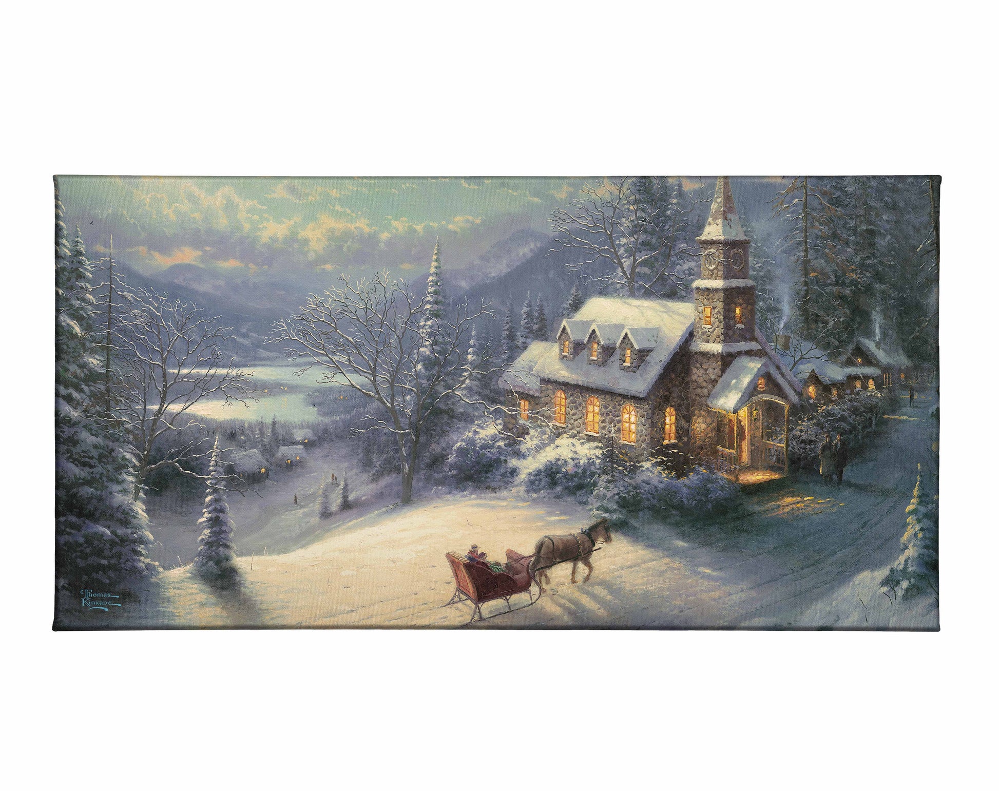 Painting of snowy village with chapel and horse cart