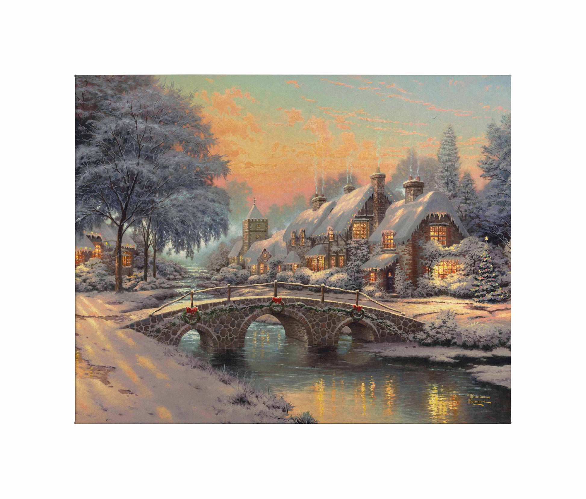 Painting of a bridge and houses by the canal in the Christmas 