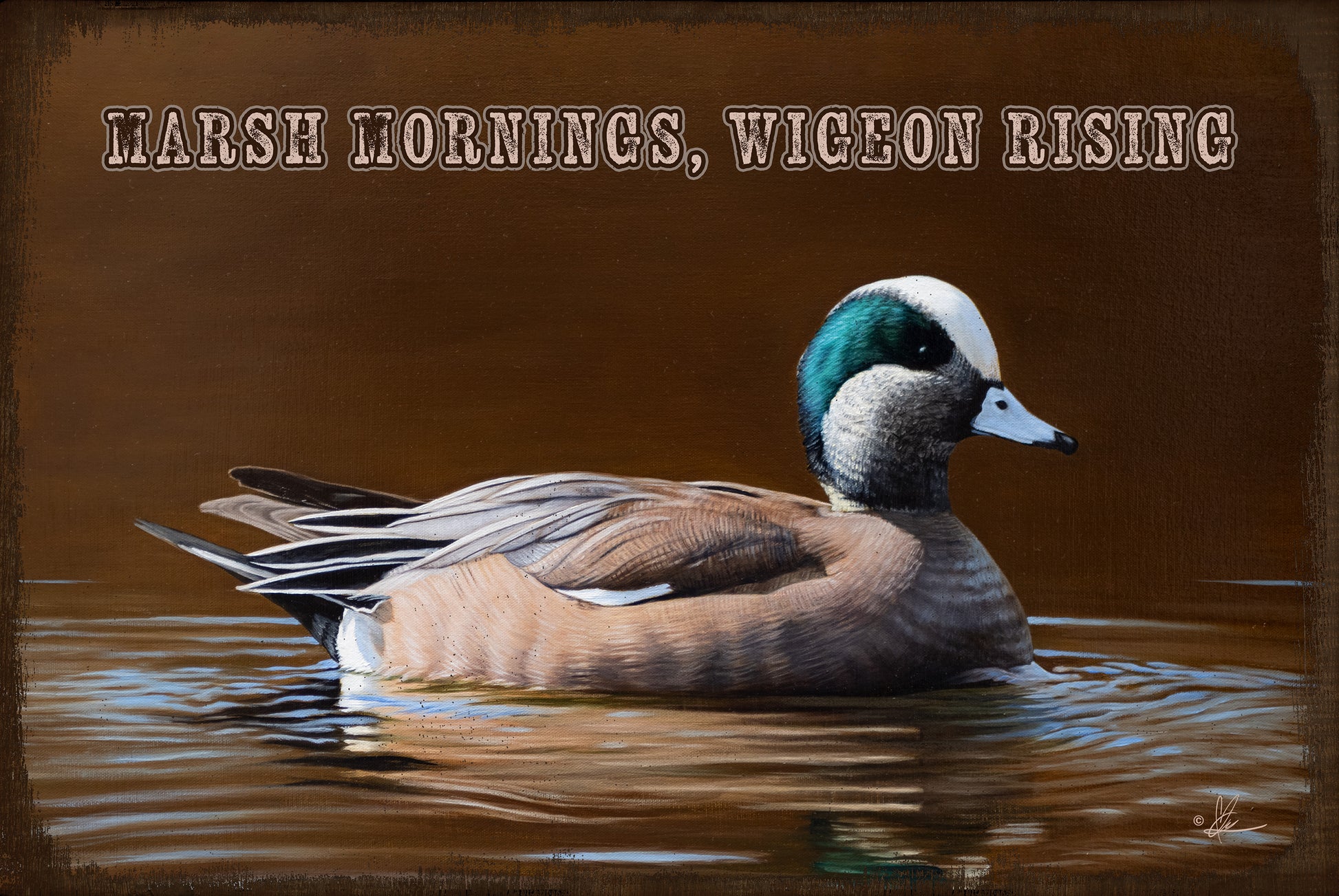 Wood sign with a duck painting saying "marsh mornings, wigeon rising"