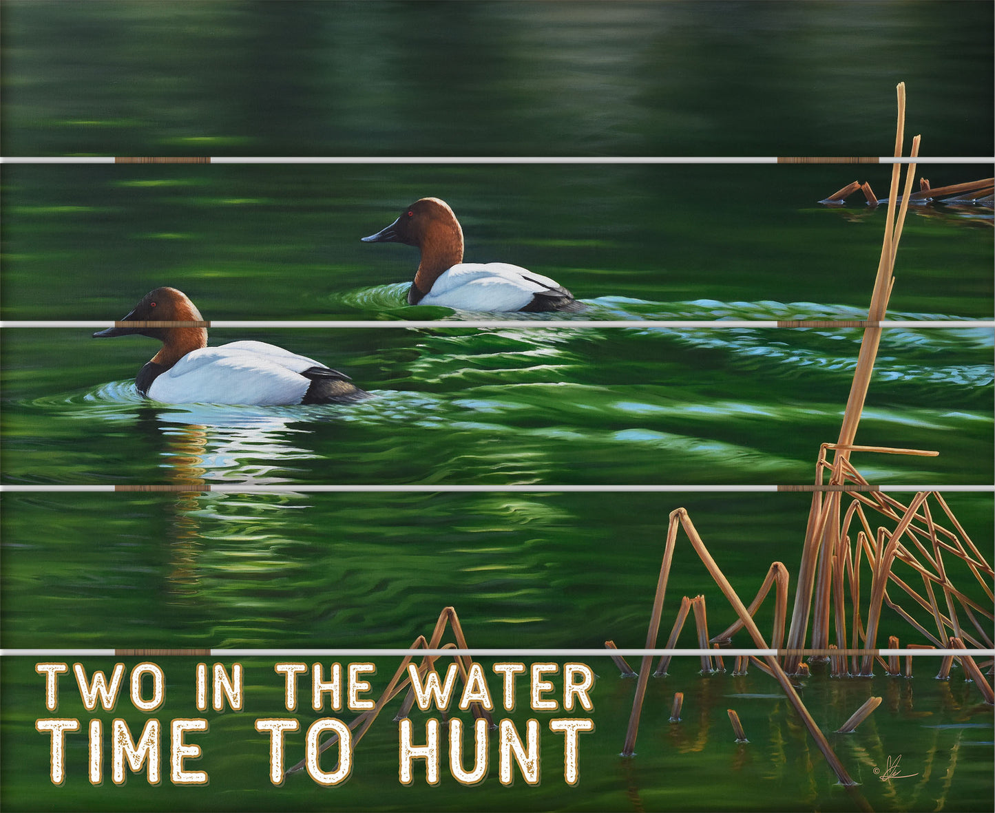 Wood pallet sign with two ducks in the river saying "two in the water. time to hunt"