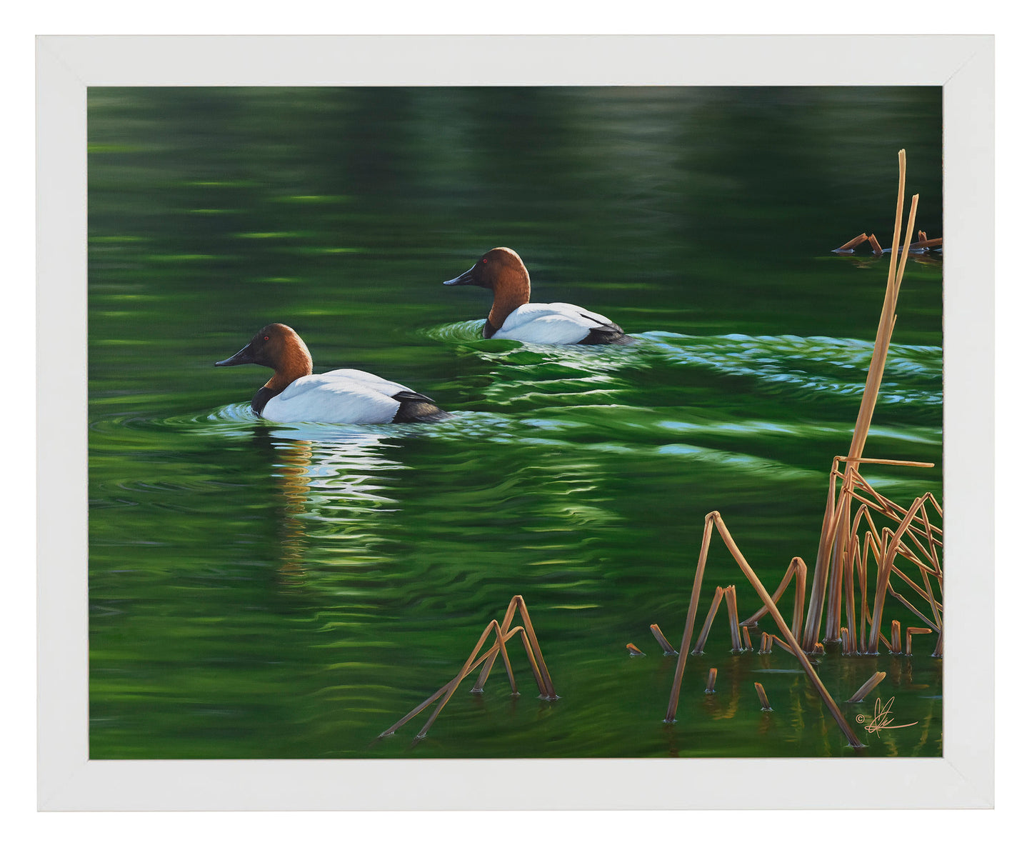 Framed painting of ducks in the river