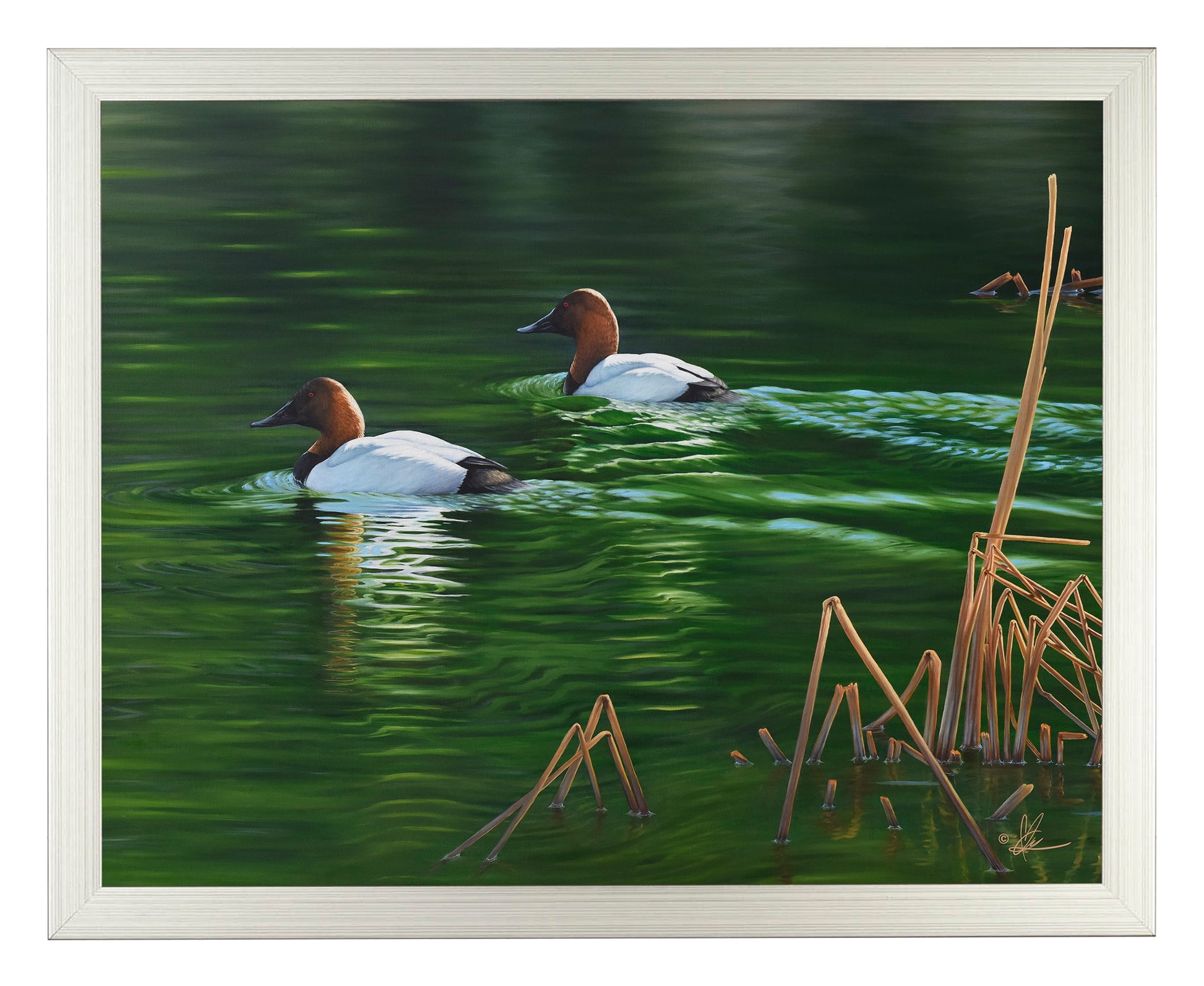 Framed painting of ducks in the river