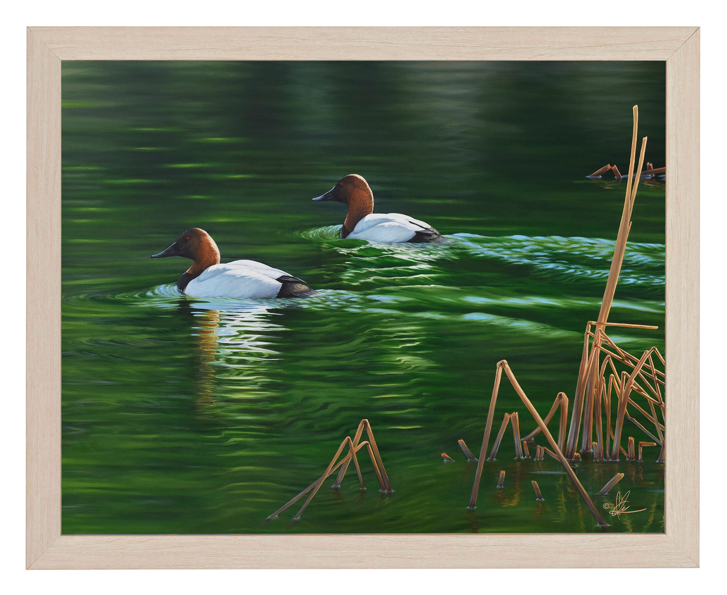 Framed painting of ducks in the river