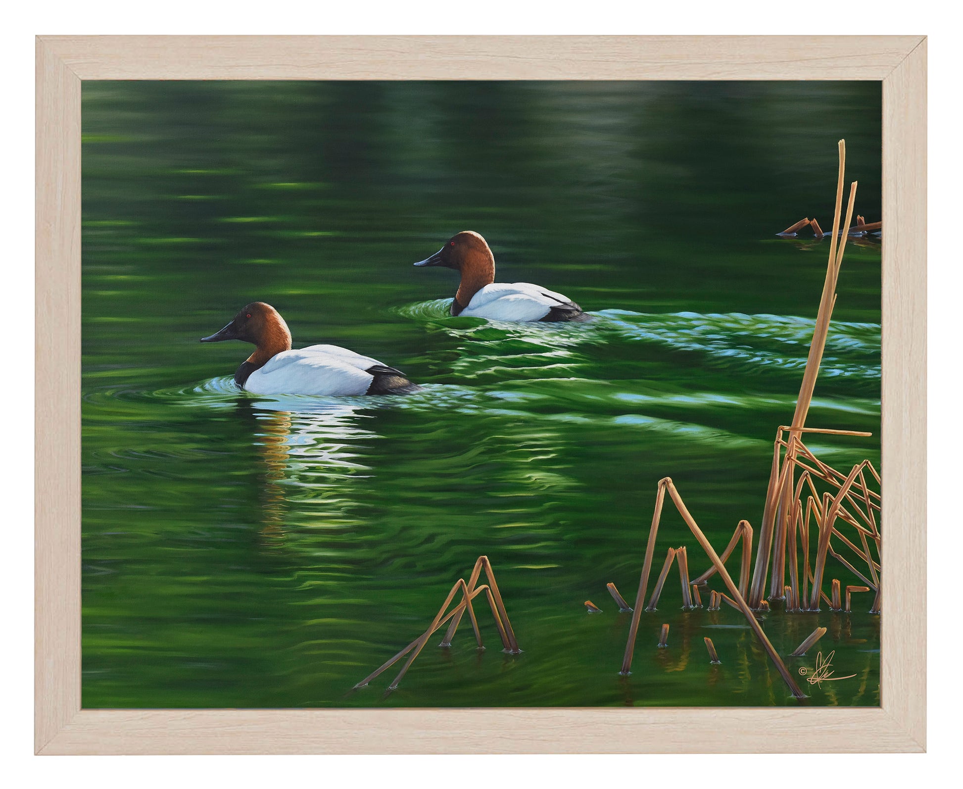 Framed painting of ducks in the river