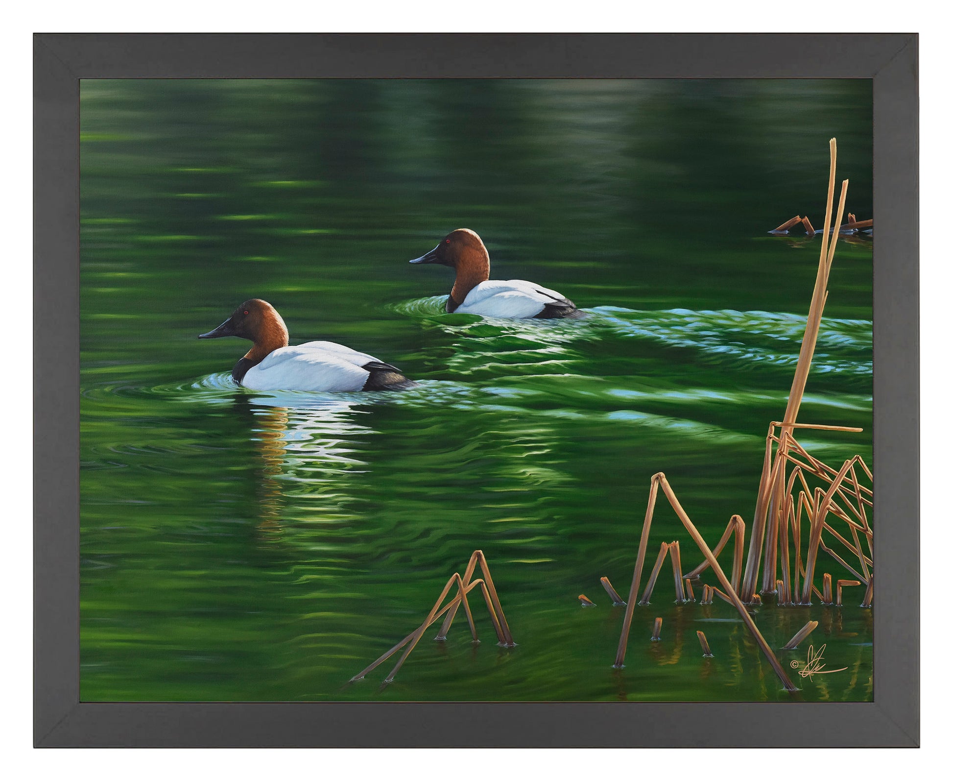 Framed painting of ducks in the river