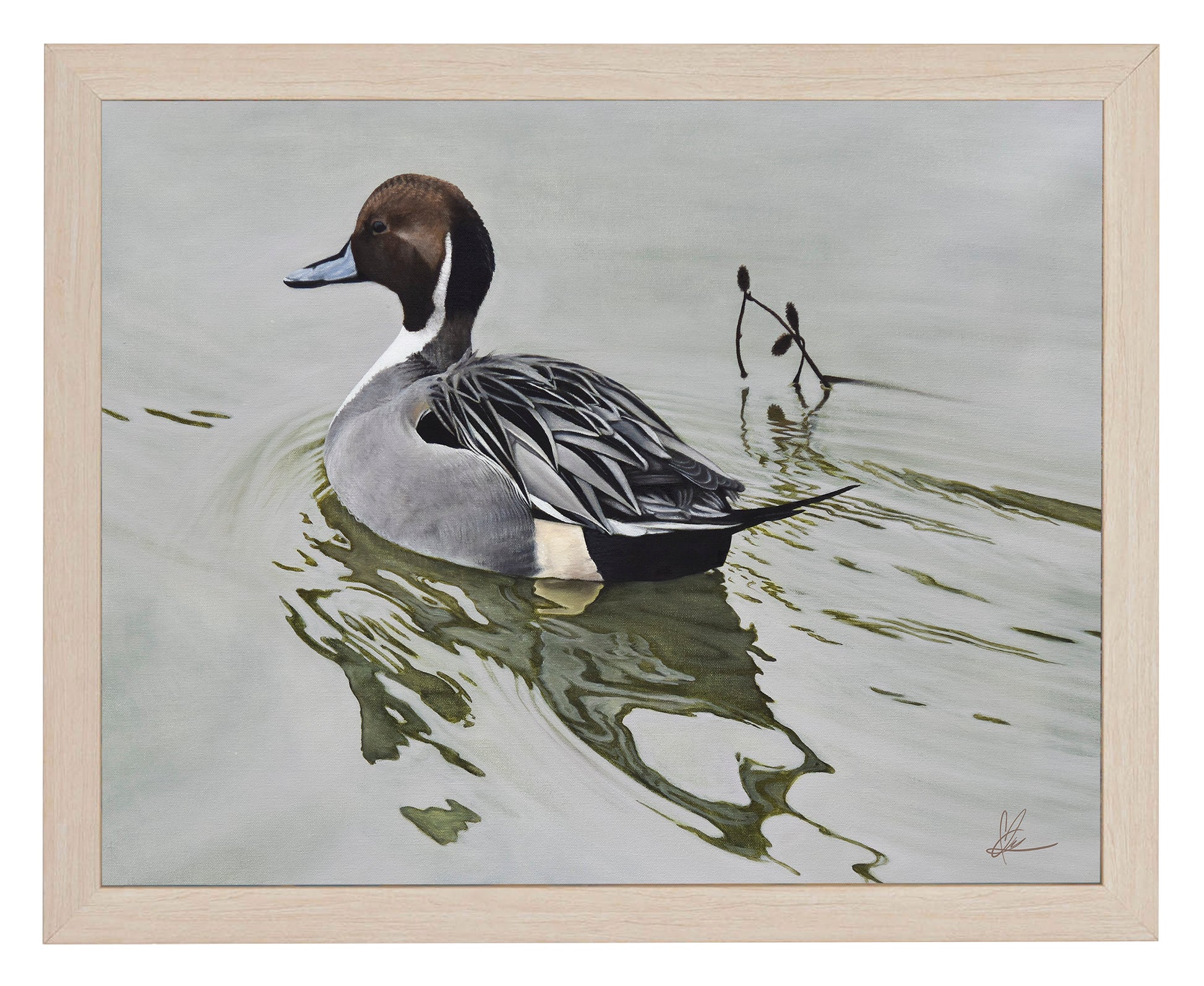 Framed painting of a swimming duck in the river