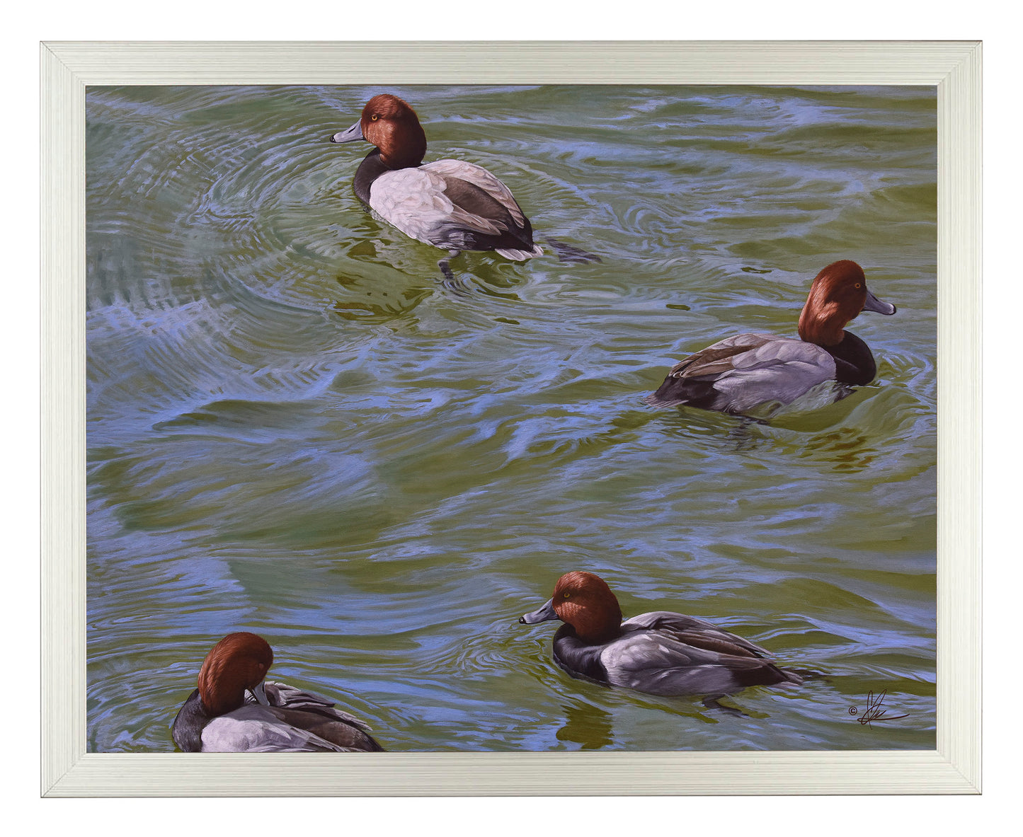 Framed painting of little ducks swimming in the river