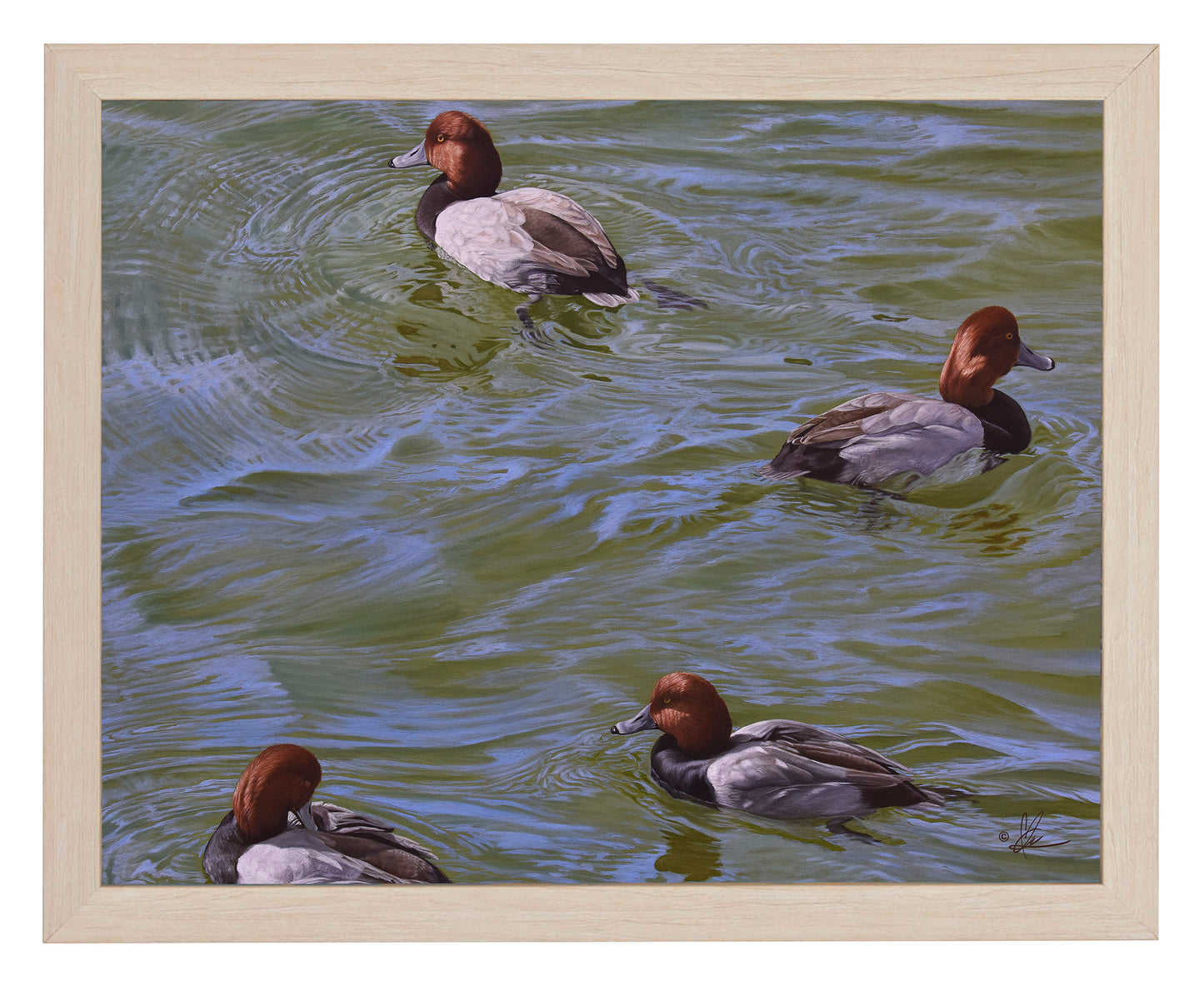 Framed painting of little ducks swimming in the river