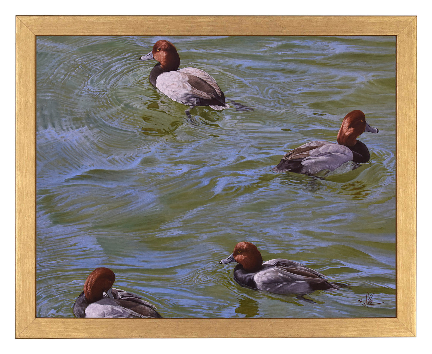 Framed painting of little ducks swimming in the river