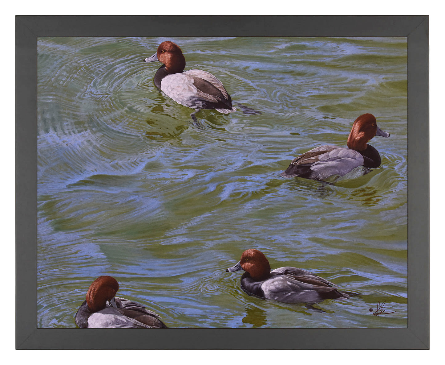 Framed painting of little ducks swimming in the river
