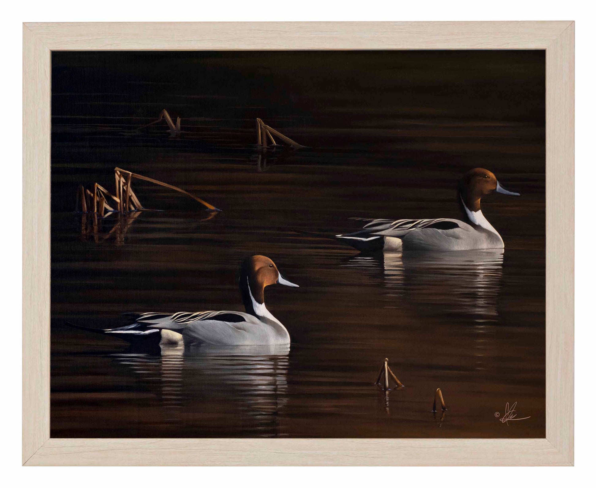 Framed painting of ducks swimming in the river