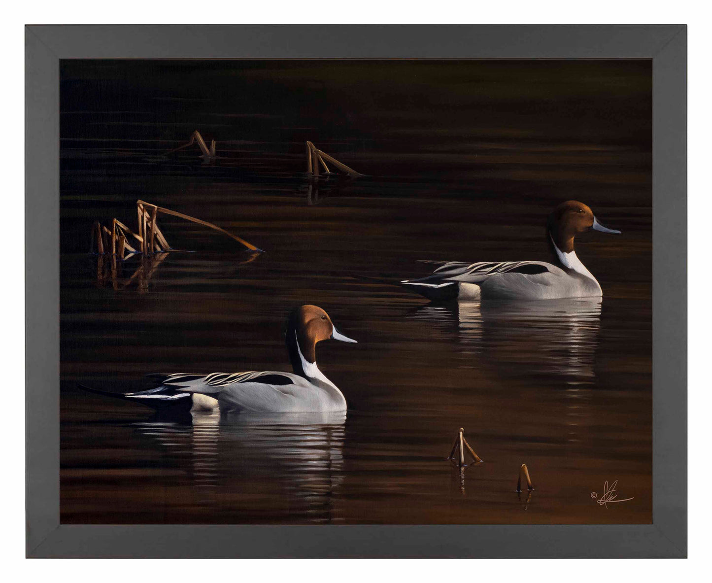 Framed painting of ducks swimming in the river