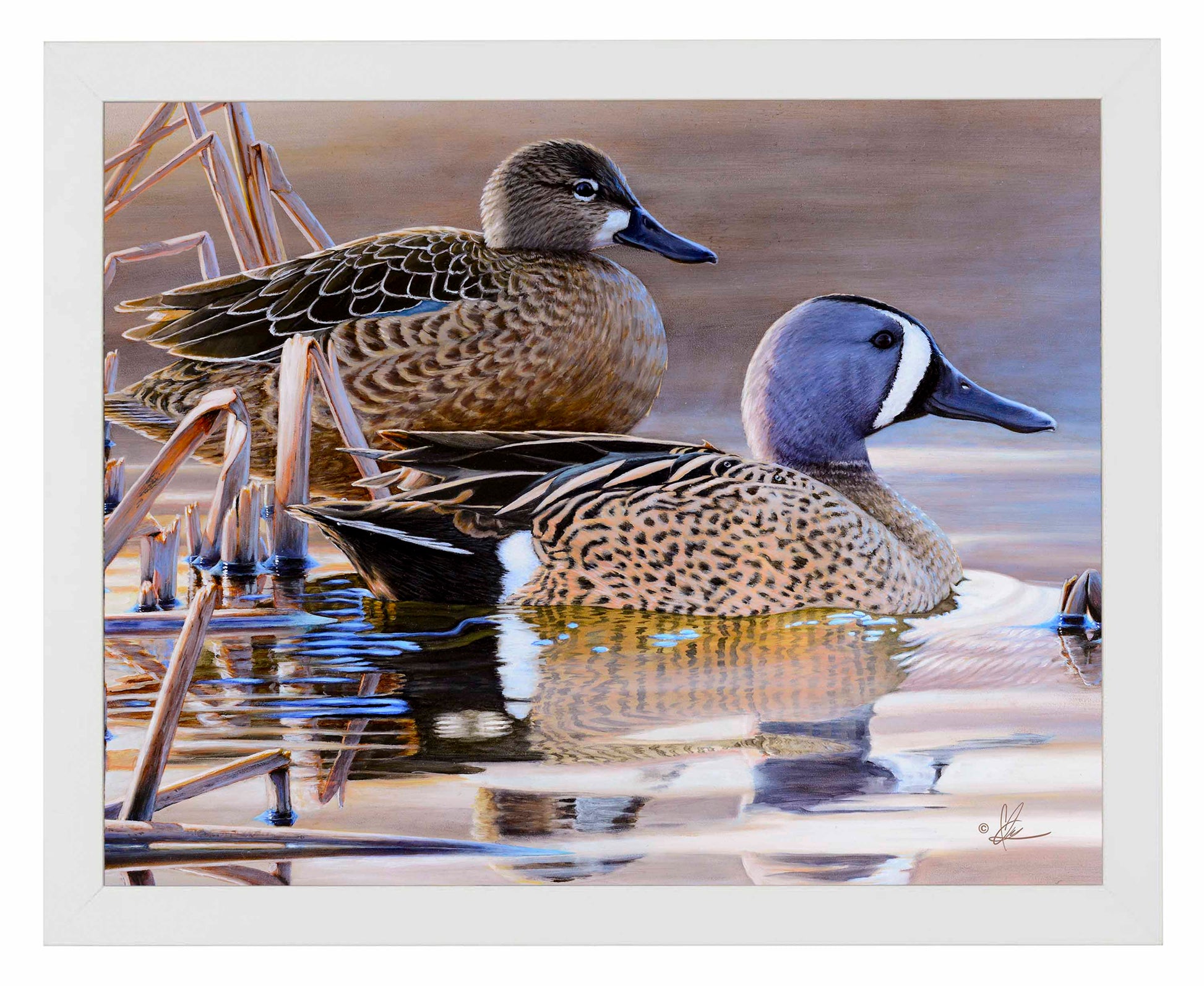 Framed painting of ducks in the river