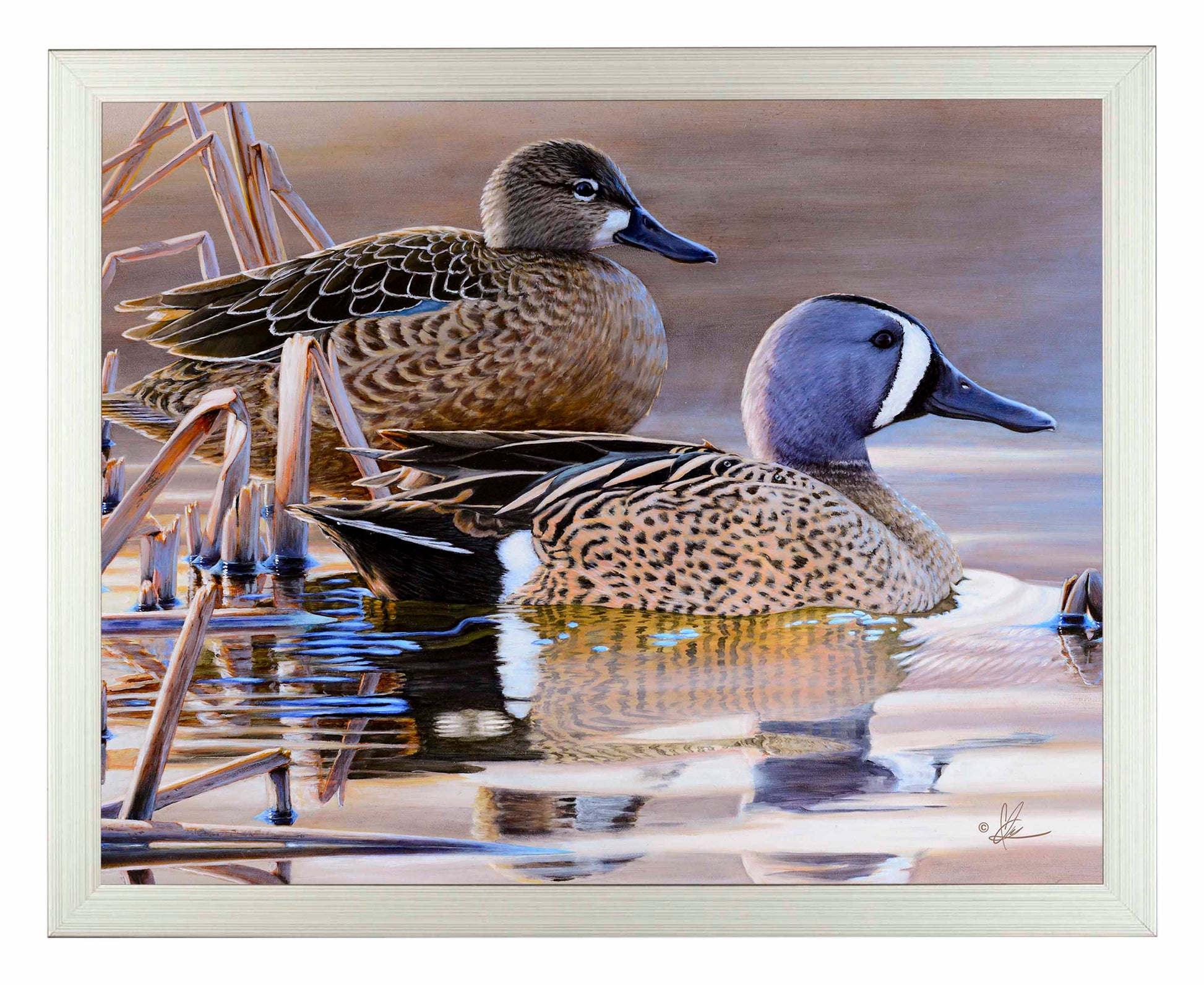 Framed painting of ducks in the river