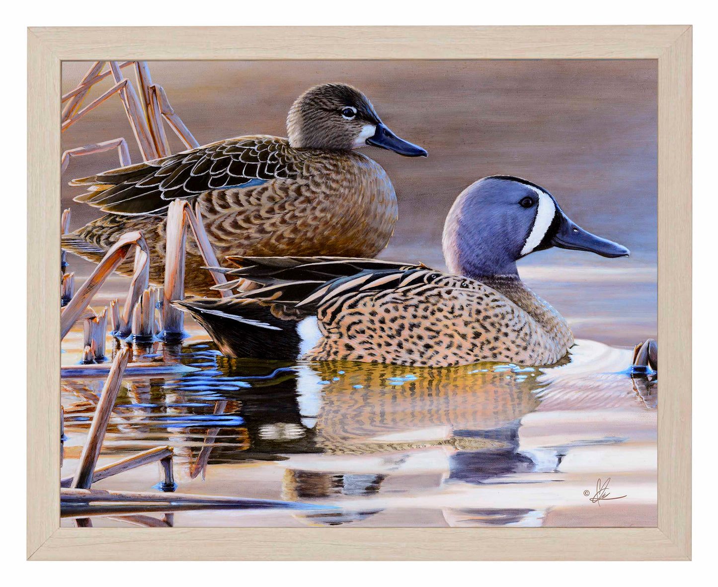 Framed painting of ducks in the river