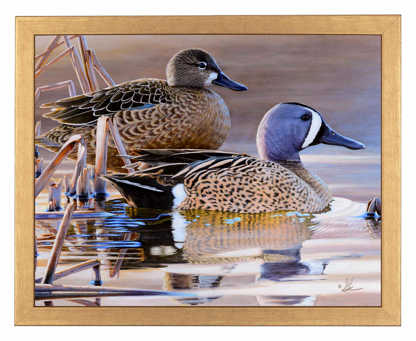 Framed painting of ducks in the river
