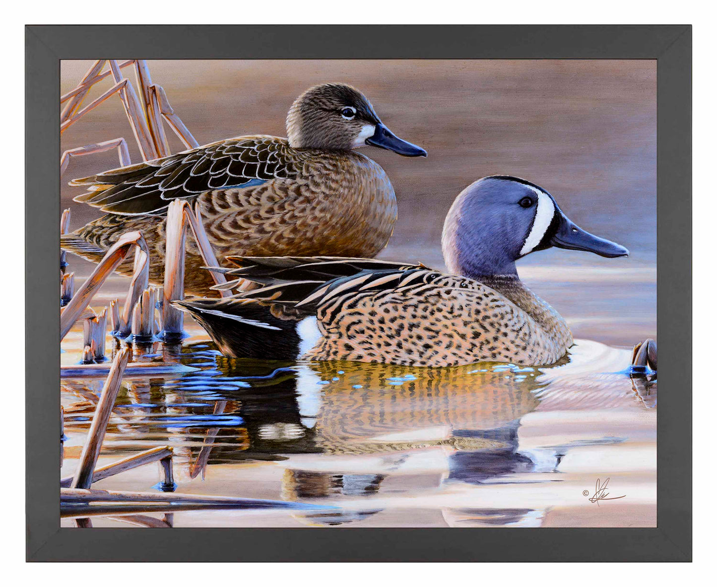 Framed painting of ducks in the river